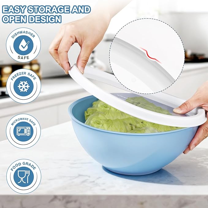 Greentainer Plastic Mixing Bowls with Lids Set for Kitchen, 6 Set Nesting Bowls for Mixing, Baking, Prepping, Cooking and Serving Food, Mixing Bowls Dishwasher, Microwave Safe