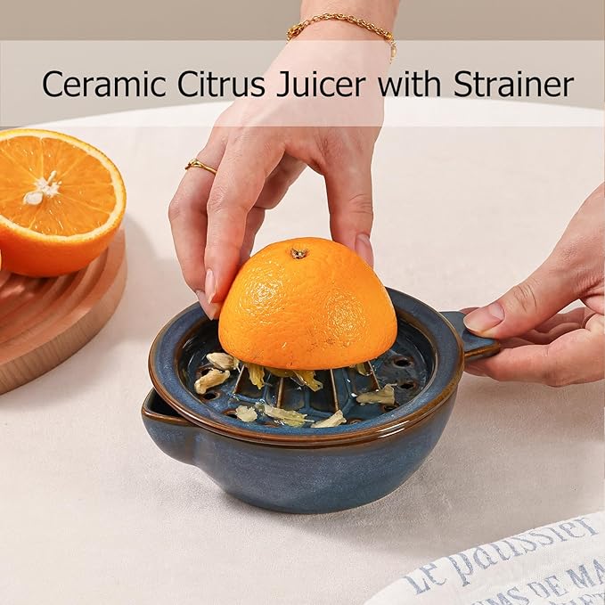 Ceramic Citrus Lemon Orange Juicer Manual Squeezer, Hand Juicer Reamer Rotation Press with 6.8oz Bowl, Strainer Lid, Spout, Handle, Dishwasher Safe, Easy to Clean