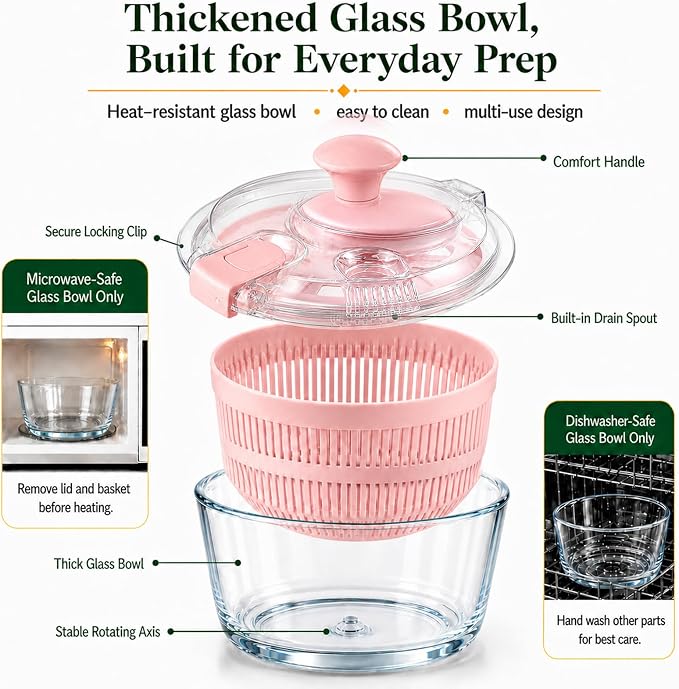 Glass Salad Spinner 3.2 Qt, Small Salad Spinner with Glass Bowl Removable Lid for Easy Cleaning Dishwasher Safe Glass Bowl Vegetable and Fruit Washer Dryer with Drain Spout Crank Handle Pink