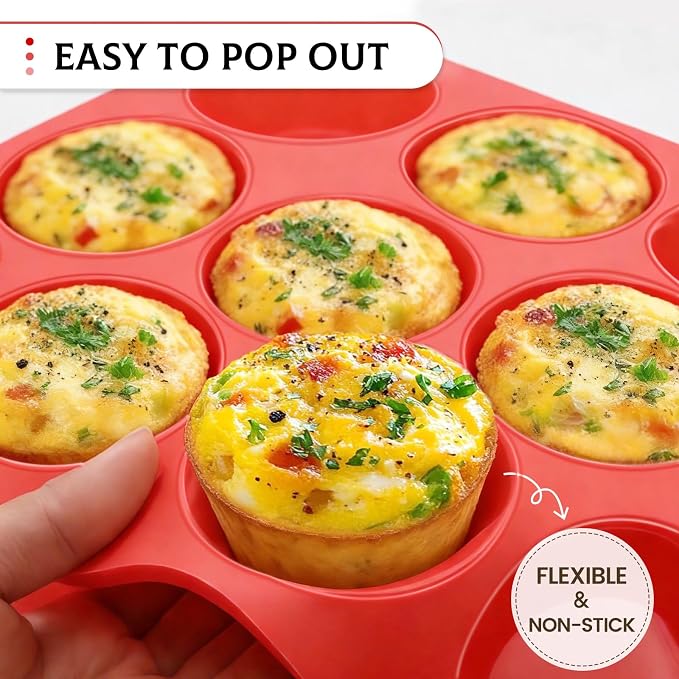 Silicone Muffin Pan, Mini Muffin Pan, Regular 12 Cups and Mini 24 Cups Cupcake Tin Set of 2 for Baking Egg Bites