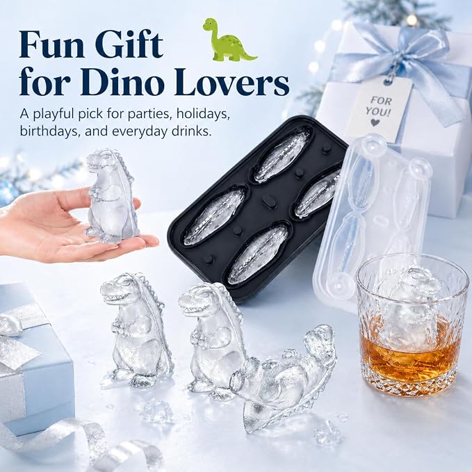 Dinosaur Ice Cube Tray Mold - Cute Fun Whiskey Ice Molds Gift for Women Men | 3D Dinosaur Shape Cute Ice Molds for Whiskey Bourbon, 4-Hole Large Fun Shapes Funny Gifts, for Animals Lovers Women Men