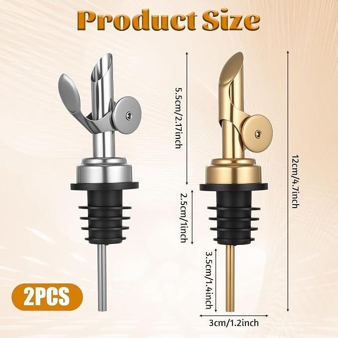 2 PCS Oil Spout, Olive Oil Pour Spout, Self Closing Liquor Bottle Pourers, Weighted Stainless Steel PourerSpout, Vinegar, Syrup, Gold and Silver