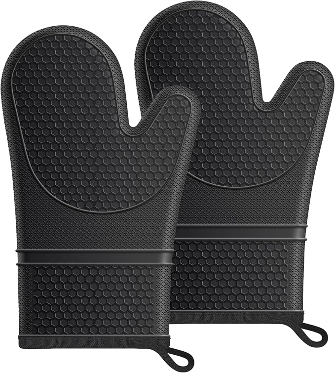 Silicone Oven Mitts, Heat Resistant, Soft Non-Slip Oven Gloves with Cotton Lining Kitchen Essentials for Baking, Cooking, BBQ, Apartment Essentials, 11.5 Inch Black