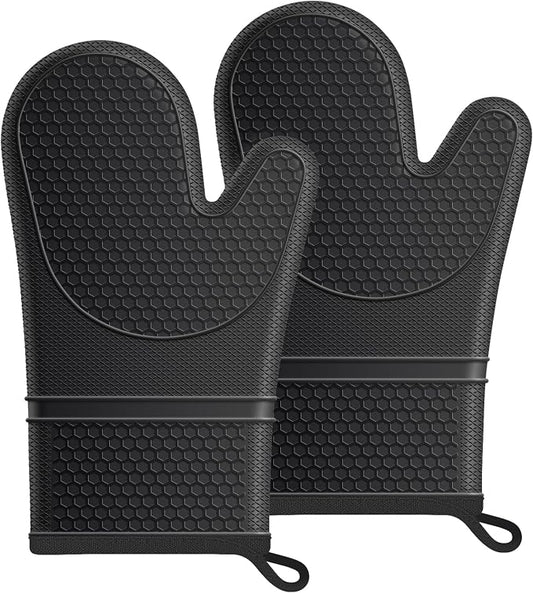 Silicone Oven Mitts, Heat Resistant, Soft Non-Slip Oven Gloves with Cotton Lining Kitchen Essentials for Baking, Cooking, BBQ, Apartment Essentials, 11.5 Inch Black