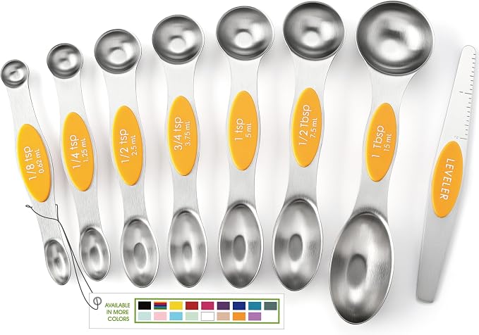 Spring Chef Stainless Steel Magnetic Measuring Spoons Set of 8 with Leveler, Dual Sided Metal Teaspoon & Tablespoon Measuring Spoons, Kitchen Gadgets for Baking & Cooking, Fits in Spice Jars - Mango