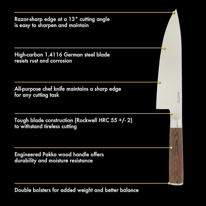 Babish 8-Inch Chef Knife – High-Carbon 1.4116 German Steel Kitchen Knife with Dark Pakka Wood Handle, Full-Tang Razor Sharp Chef’s Blade for Chopping, Slicing, Dicing & Everyday Prep