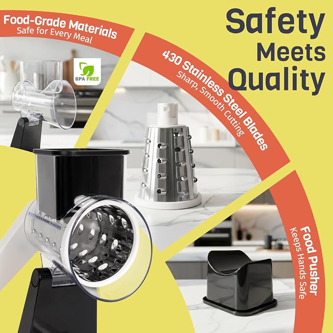 Rotary Cheese Grater, Upgraded Hand Crank Cheese Shredder with 3 Interchangeable Blades, Multi-purpose Kitchen Slicer Shredder for Cheese, Vegetable, Fruit, Nuts, Easy to Use & Clean, Black