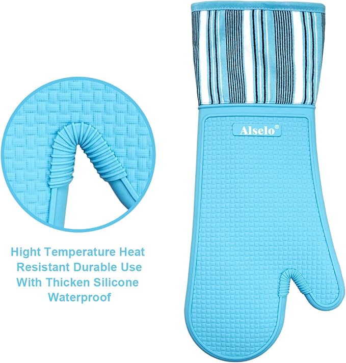 Alselo Oven Mitts Heat Resistant Silicone Kitchen Gloves for 550 Degrees with Waterproof and Non-Silp, Oven Gloves for Baking Cooking Barbecue Microwave Machine Washable (2, Extra Long Sapphire)