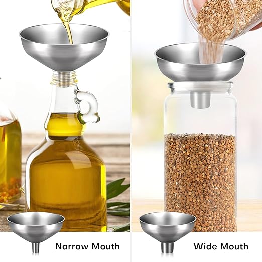 Serinar 2-Piece Stainless Steel Kitchen Funnel Set with 1-Inch and 0.5-Inch Ports for Transferring and Filling Liquids, Coffee Beans, Spice Blends, and Powders Easy to Clean!