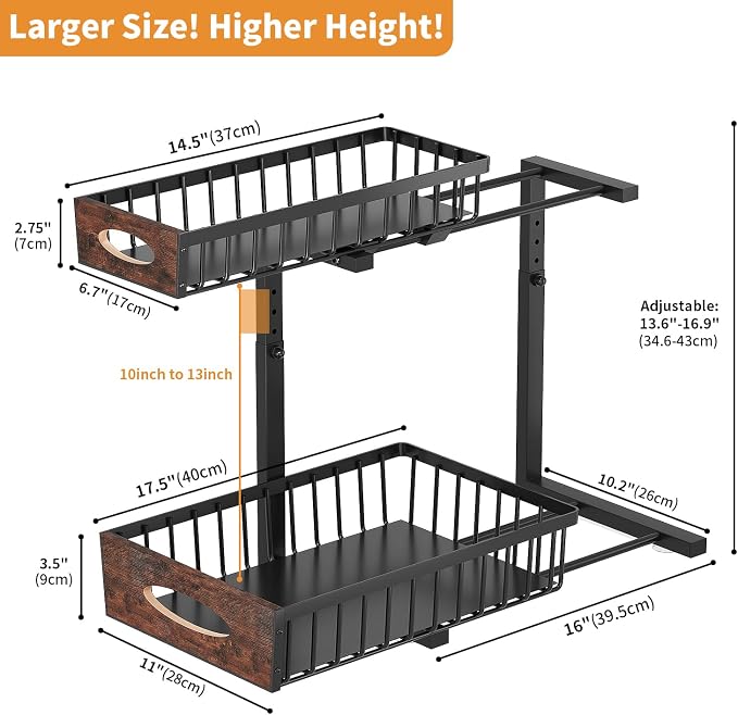 2-Tier Under Sink Organizer with Wooden Drawer Handle, 2 Pack Adjustable Height Pull Out Cabinet Organizer Shelf,Slide out Storage Drawer Rack for Kitchen Bathroom Laundry Room Pantry (Black)
