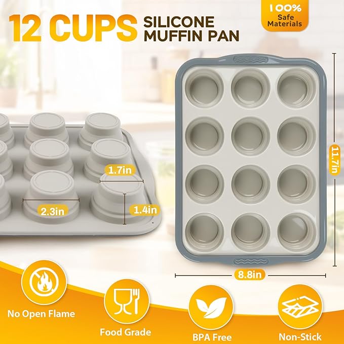 Silicone Muffin Pan, 12 Cups Non-Stick Cupcake Pan, Food-Grade BPA-Free Muffin Tin, Oven-Safe 450 °F, Reinforced Steel Frame, Easy-Grab Handles, Quick-Release 2.3" Baking Molds for Mini Treats