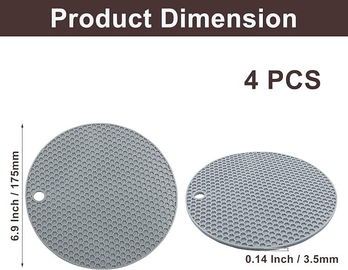 4 Pack Round Silicone Trivet Mats, Gray | Heat Resistant, For Pots, Bowls, and Countertops