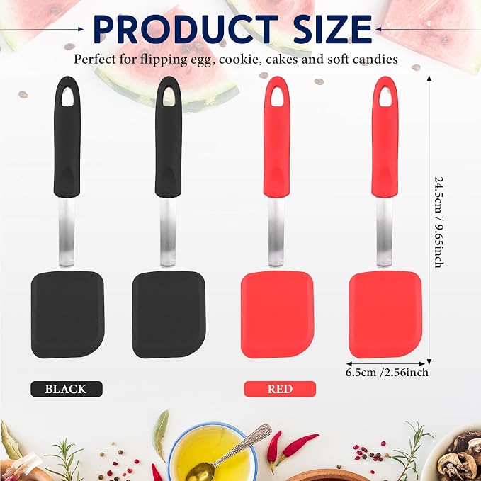 Gejoy 4 Pcs Silicone Cookie Spatula Turner Mini Brownie Spatula Flexible Silicone Spatulas Nonstick Cookware Heat Resistant No Scratch Flipper Baking Utensils for Egg Pancake(Red, Black)