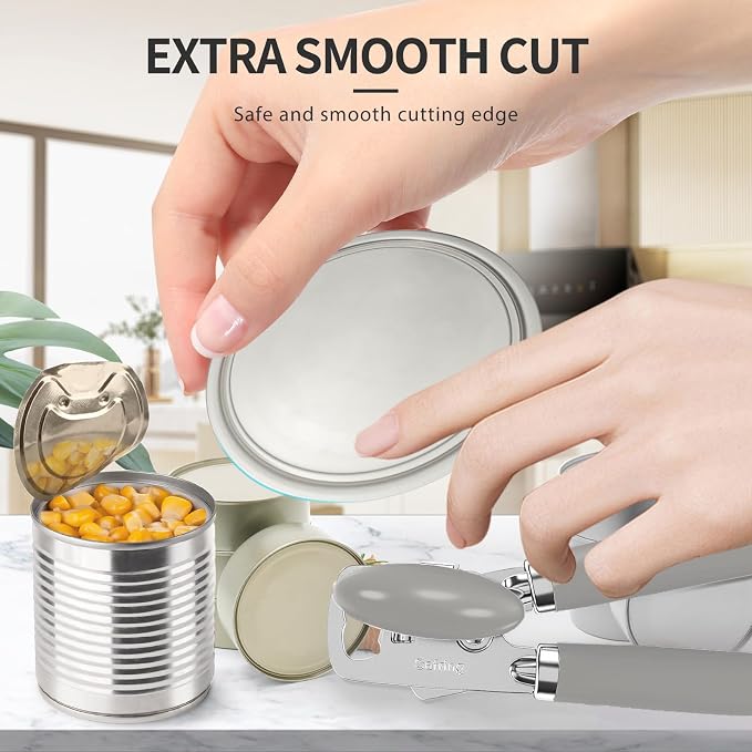 Safring Can Opener Manual, Heavy Duty Stainless Steel Smooth Edge Can Opener With Soft Touch Handle, Oversized Handheld Easy Turn Knob, Multi-Function Bottle Opener, Gray
