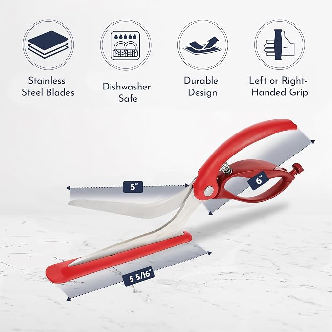 Pizza Scissors - Non-Stick Pizza Scissors with Firm Grip Base - Food Grade Stainless Steel Pizza Cutter - 5-in-1 Food Slicer & Pizza Server - Durable, Safe & Mess Free - Red