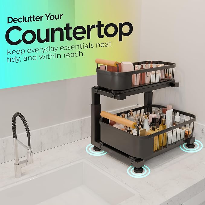 Premium Large Under Sink Organizer, 2-Tier Pull Out, Adjustable | Heavy-duty carbon steel, 7 adjustable heights and smooth ball-bearing sliding baskets for kitchen and bathroom cabinets