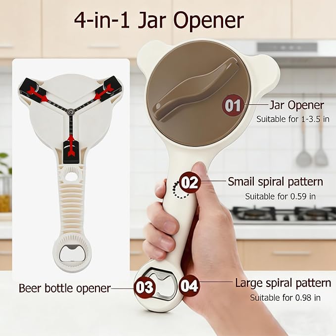 2PCS 4-in-1 Jar Opener for Weak Hands, Adjustable Lid & Bottle Opener | Ergonomic non-slip grip for arthritis hands, opens jars bottles cans, adjustable multi-size lid remover, durable kitchen tool