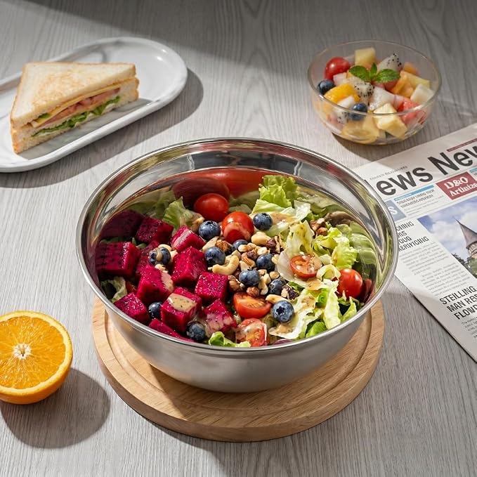 3pk Metal Mixing Bowls Set ，Stainless Steel Prep Bowls– 2.3/2.9/4.75 Qt | With Non-Slip Silicone Base, Nesting Design & Dishwasher Safe for Baking, Meal Prep, Salad Serving & Food Storage