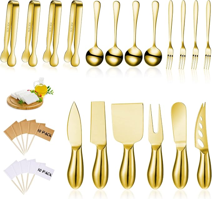 Patelai Charcuterie Board Accessories Cheese Spreader Knife Set Charcuterie Utensils Butter Knife Stainless Steel Mini Serving Tongs Spoons Appetizer Forks for Pastry(Golden,18 Pieces)