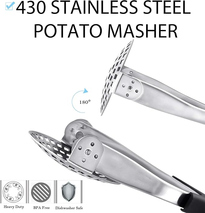 Dodolly Stainless Steel Potato Masher Heavy Duty, Hand Smasher Kitchen Tools for Beans, Vegetables, Avocado, Food and Friut