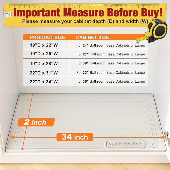 Under Sink Mat 34" X 22", Waterproof Silicone Cabinet Kitchen Liner, Beige | BPA-Free Raised-Edge Cabinet Protector & Leak Tray for Bathroom Cabinets, Boots, Pet Feeding Dog & Cat Mats, Dishwasher Safe