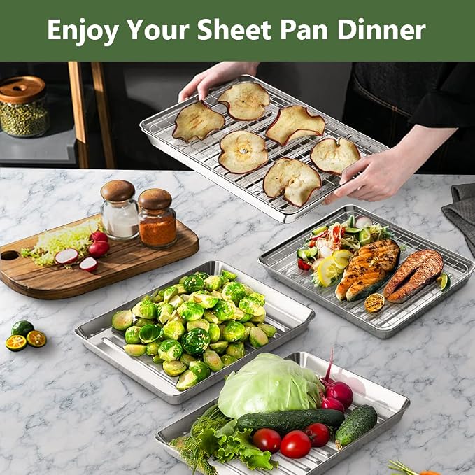 1/8 Baking Sheet Pan Cooling Rack Set, Stainless Steel 2 Pans + 2 Racks | 9x7x1 Inches Small Baking Sheet Pan with Nonstick, Warp Resistant, Heavy Duty Design for Baking, Roasting, and Cooking