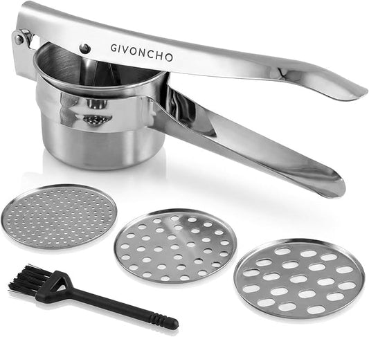 Stainless Steel Potato Ricer, Heavy Duty Potato Press & Masher with 3 Interchangeable Discs, Ergonomic Handle, Dishwasher Safe for Mashed Potatoes, Vegetables & Baby Food