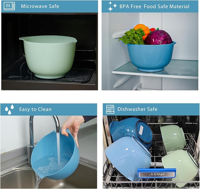 BoxedHome Classic Mixing Bowls Set of 4, BPA Free Plastic, Microwave Safe | 4.5, 3.5, 2.5 and 1.7 QT, Non-slip Base Large Non-toxic Nesting Bowl with Pour Spout, Dishwasher Safe, for Prep, Cooking