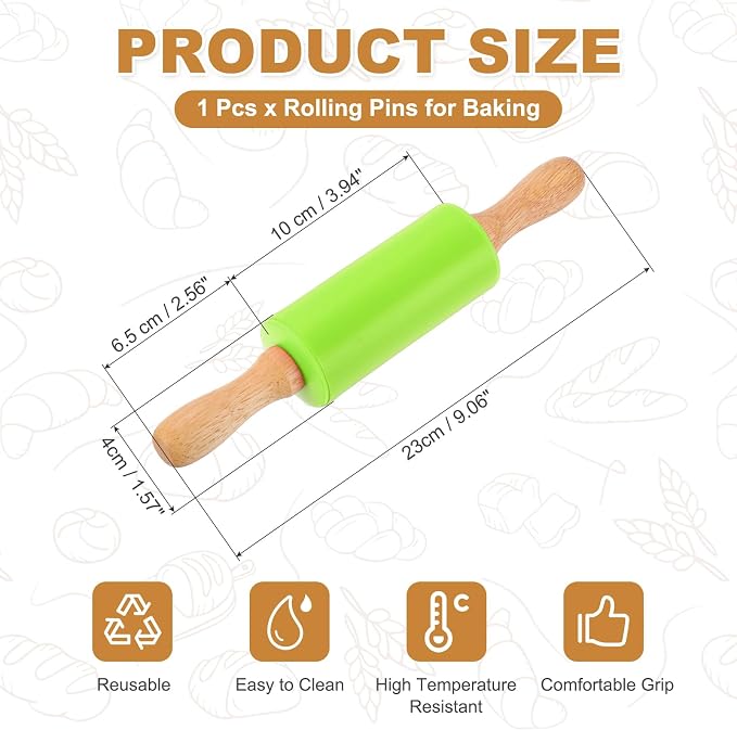 uxcell Rolling Pins for Baking, 9 Inch Silicone Non-Stick Rolling Pin Baking Roller Wooden Handle for Home Kitchen Dough Cookies Pastry, Green
