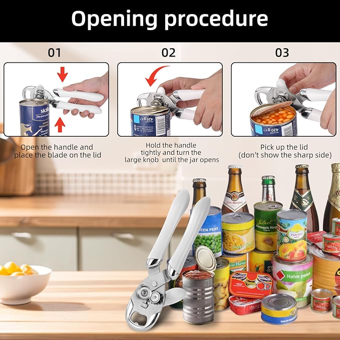 Multi-function Manual Can Opener Bottle Opener, Oversized Hand-held Easy Rotary Knob, Safe Cut Can Opener with Non-Slip Handle, Smoother Cut Sharp Blade for Seniors Kitchen Tool, White
