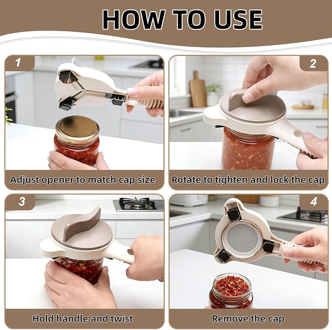 4-in-1 Adjustable Jar Opener, Universal Lid Remover with Non-Slip Handle, Kitchen Can Bottle Gripper Tool