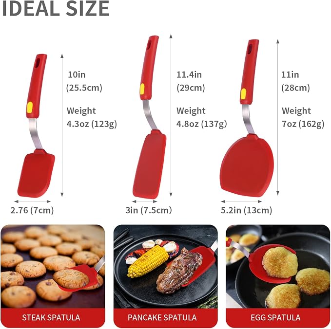Kitchen Spatulas Silicone Turner Heat Resistant Melt Proof Spatula Set for Nonstick Cookware,Flexible Non Scratch Thin Spatula Wide,Angled and Flipper 3-pack for Frying Eggs,Pancake,Burger,Fish.Red