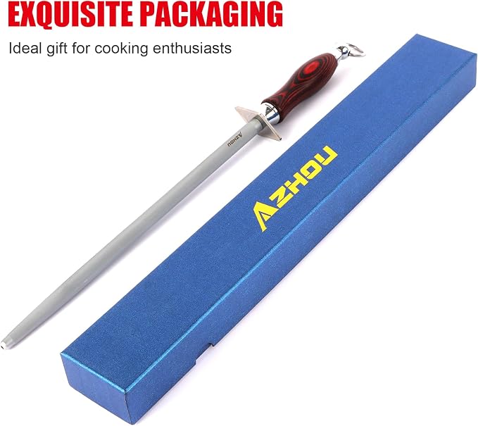 Azhou 12" Professional Knife Sharpener Steel Rod - T12 Carbon Steel (HRC 65±1), Fine 200 Grit for Kitchen & Chef Knives, Easy to Use with Non-Slip Wooden Handle & Gift Box