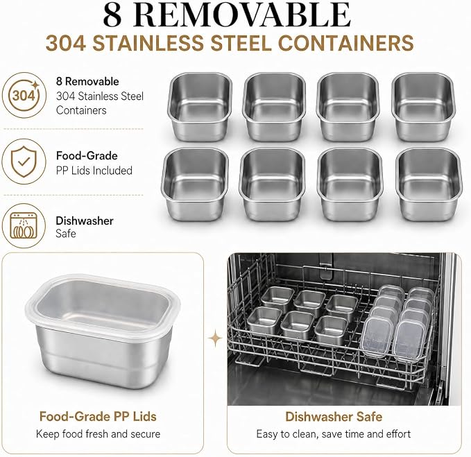 Snackle Box Container, Stainless Steel Divided Serving Tray with Lid, Handle and Forks