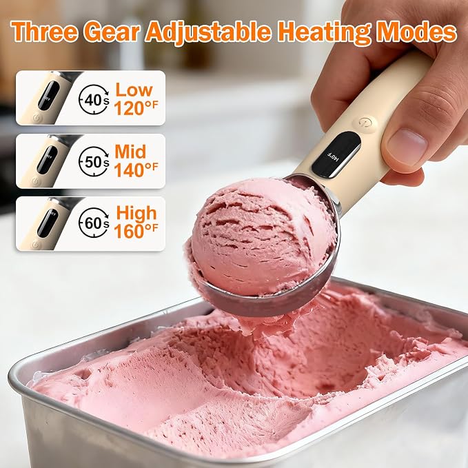 Heated Ice Cream Scoop for Hard Ice Cream, 3-Temp Electric Cordless Ice Cream Scooper, Rechargeable USB-C Fast Charge with LED Display, IP67 Waterproof Head, Easy to Clean - Cream