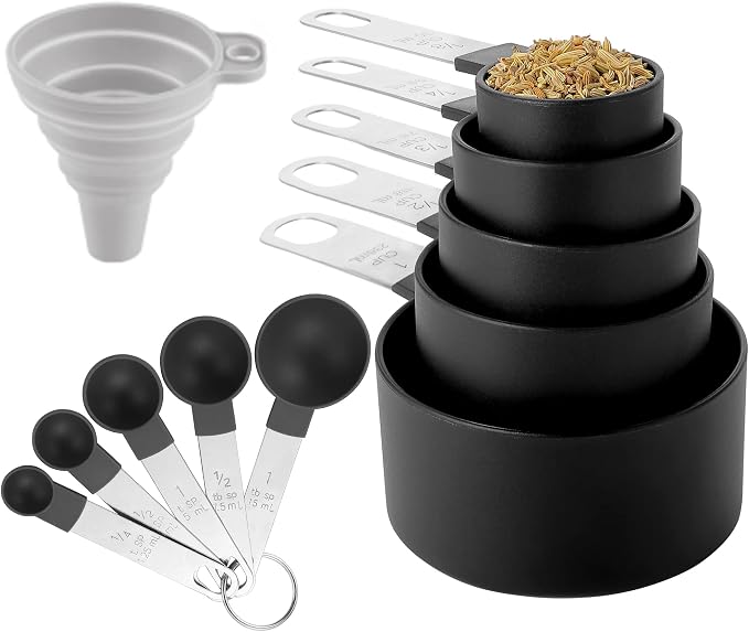 Measuring Cups and Spoons Set of Huygens Kitchen Gadgets 10 Pieces, Stackable Stainless Steel Handle Measuring Cups for Measuring Dry and Liquid Ingredient (Black)