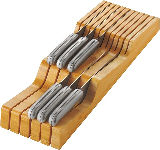 Bambüsi Knife Drawer Organizer - Bamboo Wood In-Drawer Knife Block Holder for Kitchen Drawer, 16 Slot Blade Down Knife Organizer Insert, Fits Chef & Steak Knives, Standard Drawer (Knives Not Included)