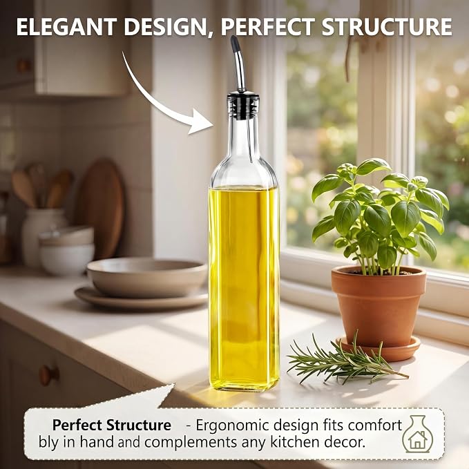 Olive Oil Dispenser Bottle - 500ml Glass Oil and Vinegar Bottles Set for Kitchen with 2 Stainless Steel Pourers, Funnel, Brush and 2 Labels, Kitchen Oil Bottles with Drip-Free Design