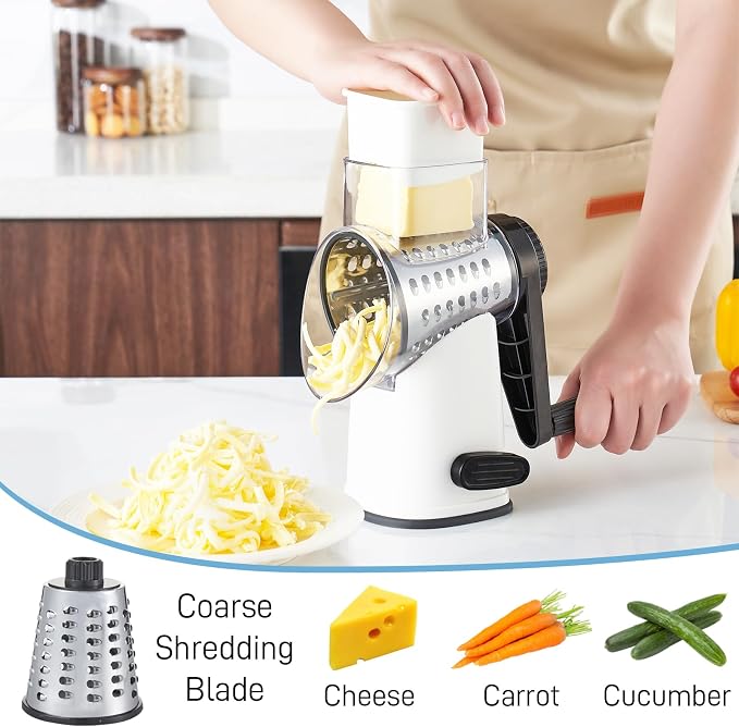 VEKAYA Rotary Cheese Grater Hand Crank, White | 4 Interchangeable Stainless Steel Blades, Large Manual Handle Shredder, Waffle Slicer for Vegetables, Cheese and Nuts