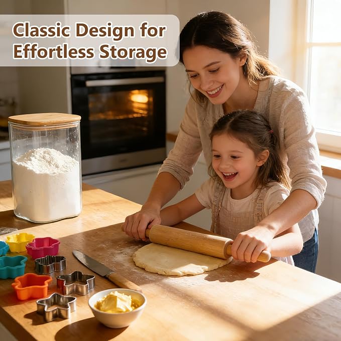 KEYWING 1.2 Gallon Glass Flour Storage Containers with Bamboo Lids, 2 Pack | Large Square Pantry Jar, Big Wide Mouth Canisters for Sugar, Rice, Cereal, Pasta & Coffee Beans