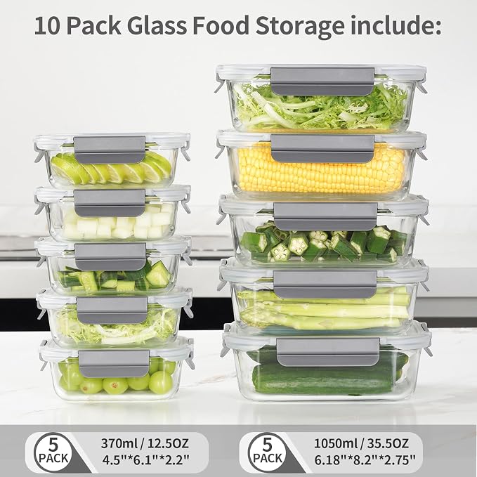 AILTEC Glass Food Storage Containers with Lids, 10 Pack Meal Prep Set | 12.5oz/35.5oz Rectangle Set, Borosilicate Glass, Leak Proof, Oven, Microwave & Freezer Dishwasher Safe, BPA Free