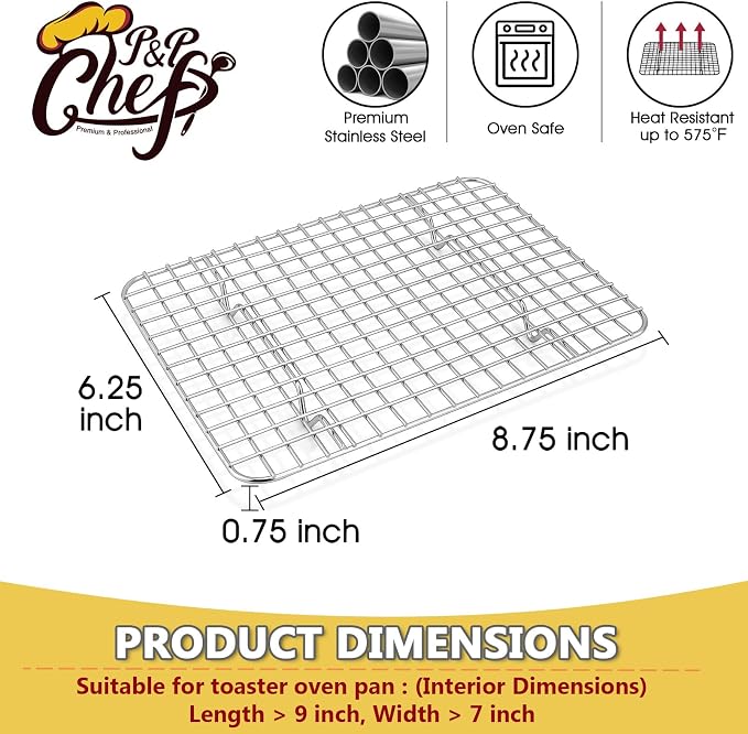P&P CHEF 8.75 Inch Stainless Steel Cooling Baking Rack Set of 2 | Grid Cooking Racks for Griddle Roasting Grilling Warming, Good for Friends or Family, Oven & Dishwasher Safe, Heavy Duty