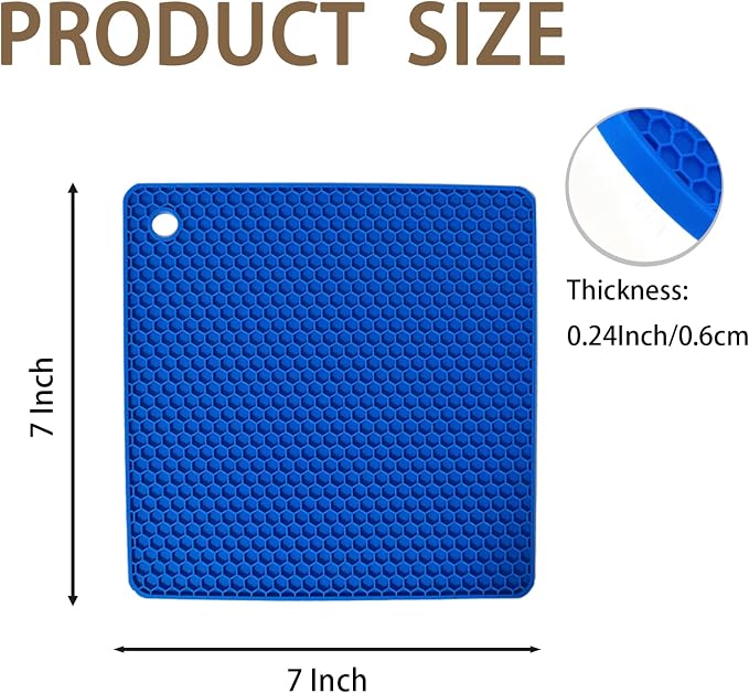 6-Pack Silicone Trivet Mats, Heat Resistant Hot Pads, Dishwasher Safe Kitchen Mats, BPA-Free Pot Holders for Table, Countertop, Stove, Honeycomb Design (Dark Blue, 7" Square)
