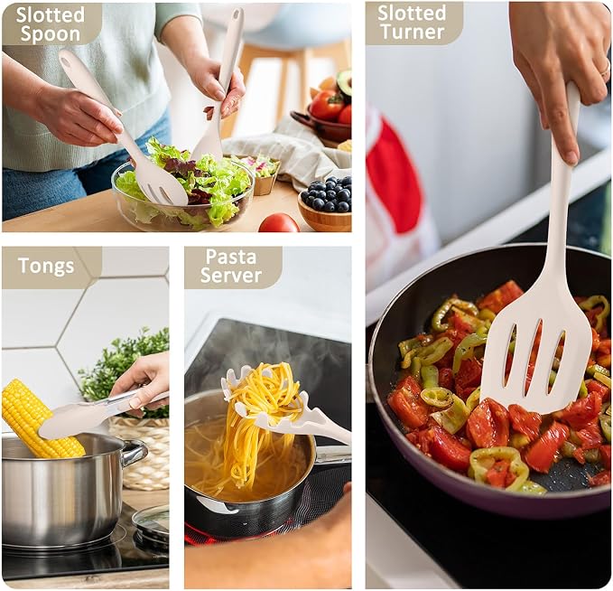10 Pack Kitchen Utensils Set for Cooking, Leonyo Silicone Cooking Utensils Set, 446°F Heat Resistant Silicone Kitchen Tool with Turner Spatula, Soup Ladle, Serving Spoon for Nonstick Cookware - Khaki