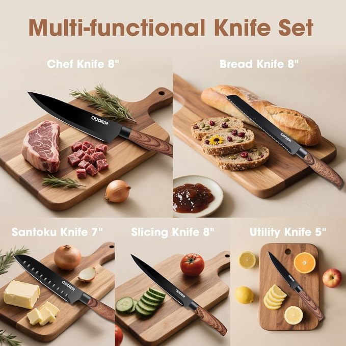 Knife Set, 8 Piece Kitchen Knife Set, Stainless Steel Knives Set for Kitchen, Universal Knife Block Set, Kitchen Kinfe Essentials, New Home Apartment Essentials, Dishwasher Safe (Black Wood-Grain)