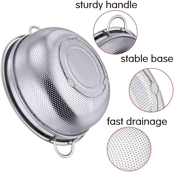 TeamFar Colander, 3qt Colander Strainer Stainless Steel, Solid Handle & Elevation Base, Micro-perforated & Dishwasher Safe