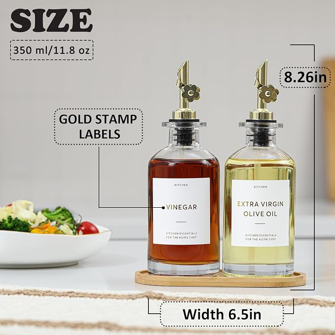 HOMCDALY Olive Oil Dispenser for Kitchen, 12oz Glass Dispenser Bottles with Pourer for Kitchen, Oil and Vinegar Dispensers Set, Leakproof Oil Bottle for Cooking| Set of 2 (12oz)
