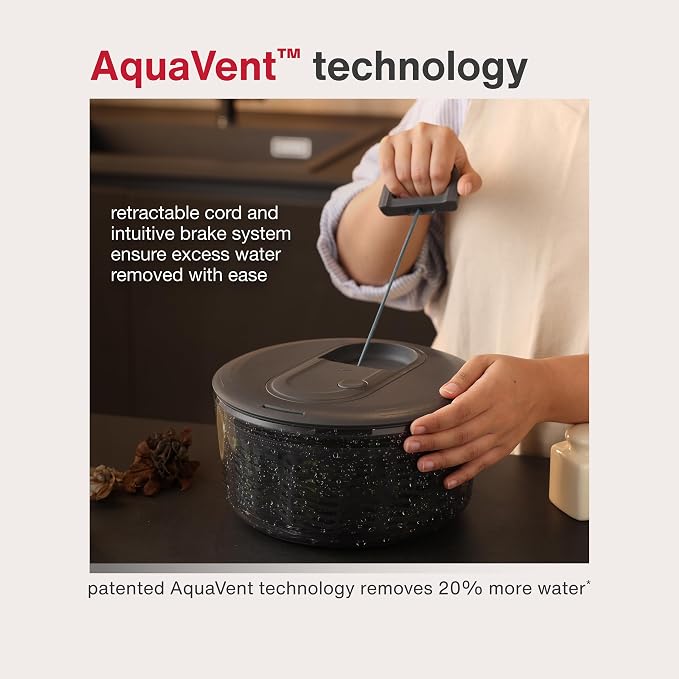 Zyliss Easy Spin Salad Spinner Large, Non-Slip Base, Serving Bowl, AquaVent™ Technology, Retractable Cord and Brake System, Easy to Clean
