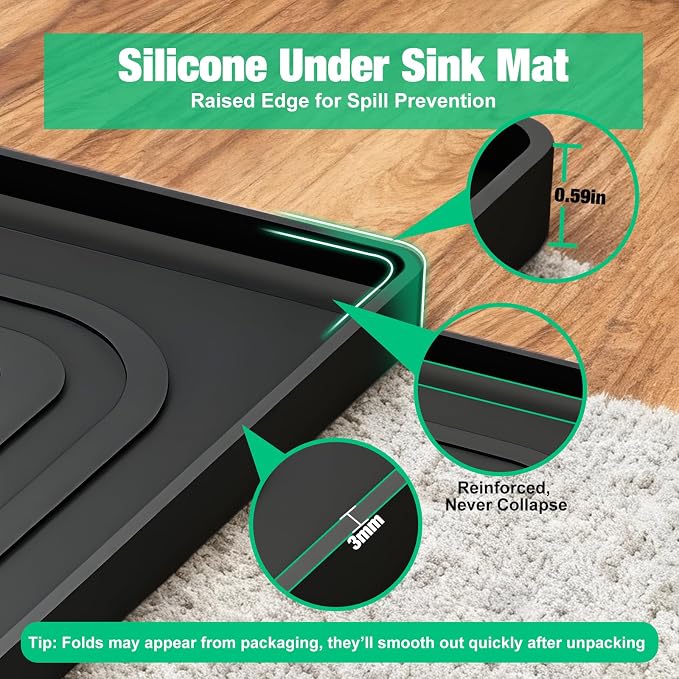 Under Sink Mat 34" X 22", Waterproof Silicone Cabinet Kitchen Liner, Black | BPA-Free Raised-Edge Cabinet Protector & Leak Tray for Bathroom Cabinets, Boots, Pet Feeding Dog & Cat Mats, Dishwasher Safe