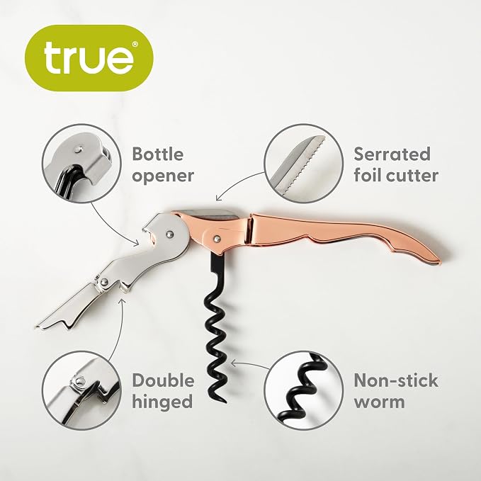 True Truetap Double Hinged Waiter's Corkscrew Wine Opener, Stainless Steel Wine Bottle Opener with Built In Foil Cutter, Home Bar Tools, Bar Cart Accessories, Wedding Gifts, Set of 1, Rose Gold
